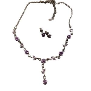 90s Claire's Silver-Tone Purple Rose Necklace and Earrings Set Prom,Wedding..new